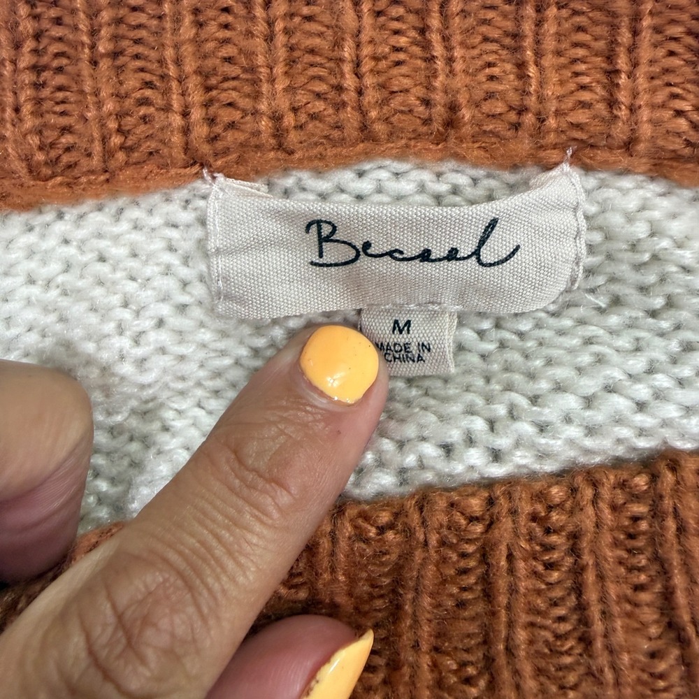 Becaal Womens Striped Sweater M Orange Boho Earthy Casual Knit Crewneck - Picture 8 of 12